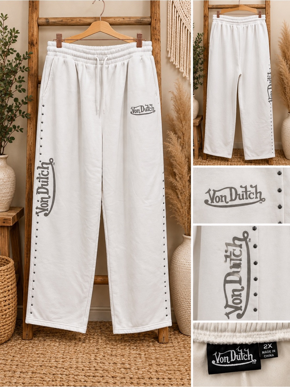 Von Dutch White Sweatpants with Studded Side Logo